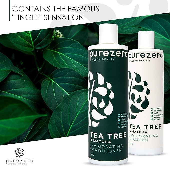 Purezero Tea Tree & Matcha Shampoo and Conditioner Set - Nourishing & Invigorating Scalp Treatment - Zero Sulfates, Parabens, Dyes Vegan and Cruely Free (12 Fl Oz (Pack of 2))