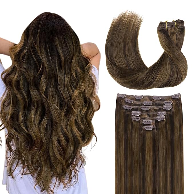 GOO GOO Clip in Hair Extensions Real Human Hair, Remy Human Hair Extensions Clip ins for Women, Natural Human Hair, 14inch 120g 7Pcs, 2C/4E/6C Brown Sugar Swirl Highlights