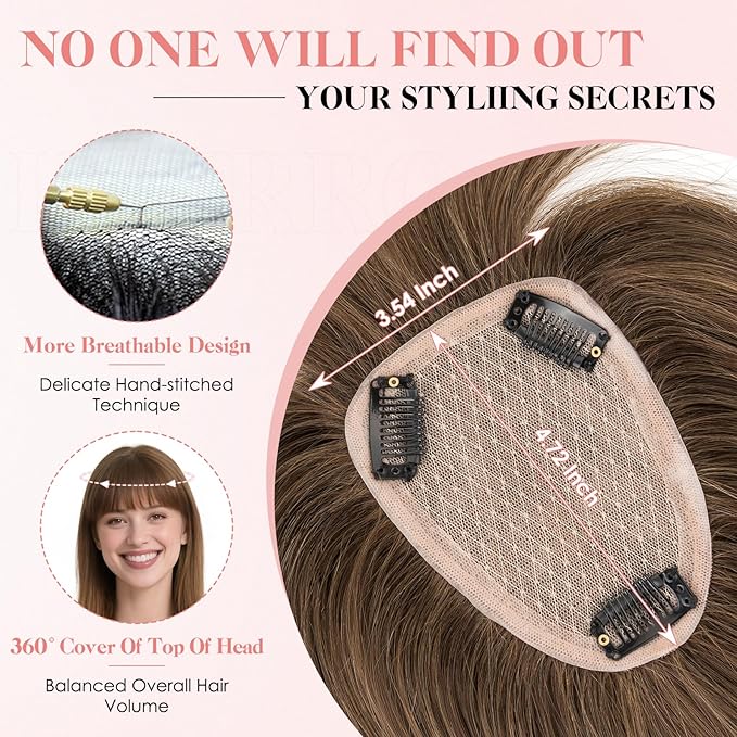 Hairro Human Hair Toppers with Wispy Bangs, 3.5x4.7" Hand-wovened Base for Women with Thinning Hair, Lightweight & Breathable Realistic Scalp, Clip-in Hairpieces for Easy Wear, 9 Inch Cocoa Brown