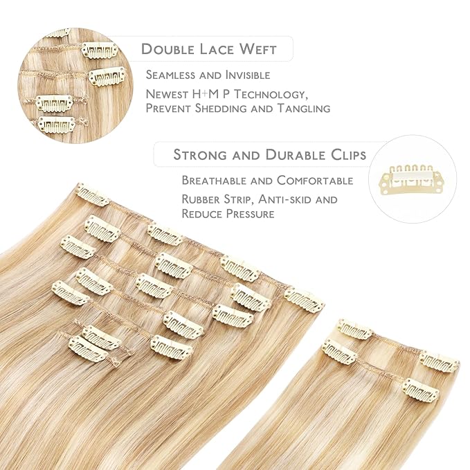 WENNALIFE Hair Extensions Clip In, 9pcs 22inch 150g Dirty Blonde Highlighted Bleach Blonde Thicker Clip In Hair Extensions Real Human Hair Remy hair extension Double Weft