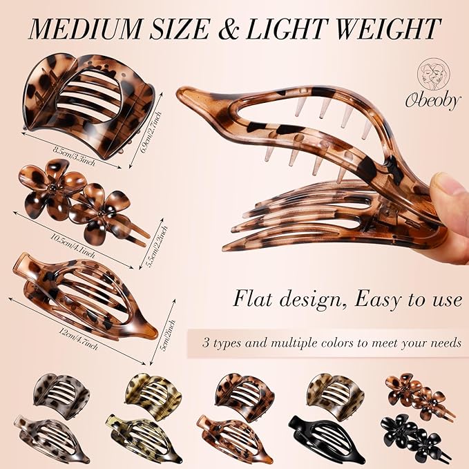 Obeoby 10 Pcs Flat Hair Clips for Women, 3 Styles French Flat Claw Clips for Thin Thick Hair, Medium Duckbill No Slip Hair Accessories Barrettes Girls（Tortoiseshell）