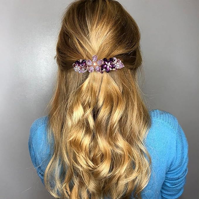 Joez Wonderful Rhinestone Hair Clip Sparkly Crystal Barrettes French Wedding Prom Engagement Pageant First Communion Hair Decorative Accessories for Women Bride Thick Long Hair (Flower Purple, 1 Pcs)