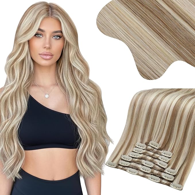 Moresoo Clip in Hair Extensions Remy Double Weft Human Hair Clip in Extensions Straight Hair Extensions for Women Light Brown Highlights with Blonde 7pcs 150g 22inch