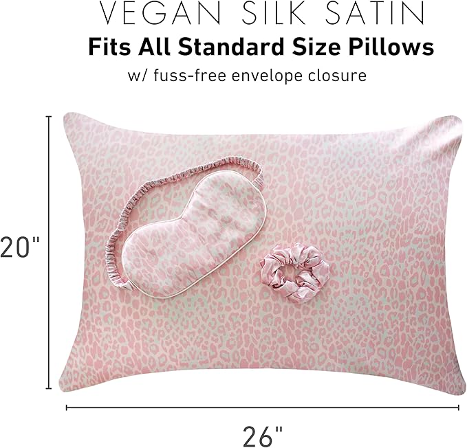 Satin Pillowcase Gift Set for Women – Pink Leopard, Silky Soft, Reduces Frizz | Includes Satin Eye Mask & Scrunchie | for Curly Hair, Sensitive Skin | Gift for Mom, Daughter, Girlfriend