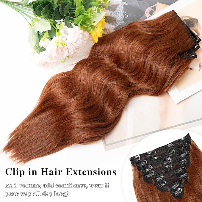 Clip in Hair Extensions for Women, 20 Inch Wavy Copper Hair Extensions Clip Ins, 8PCS Synthetic Soft Lace Weft Hairpieces for Women