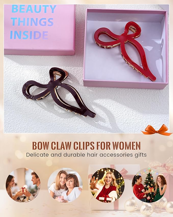 ACECHA 2 Pack Gold Metal Bow Hair Claw Clips for Women, 4.5" Colorful Non-slip Hairclips for Thick Thin Hair Claws Strong Hold Styling (Solid Color)