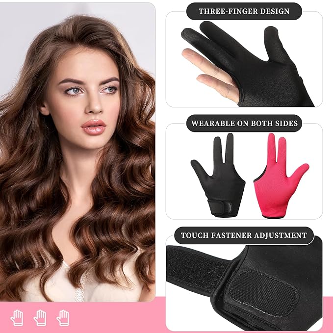 Geyoga 2 Pcs Heat Resistant Gloves for Hair Styling 3 Finger Barber Gloves Reusable Curling Wand Heat Protector for Hair Dye(Black, Rose Red)