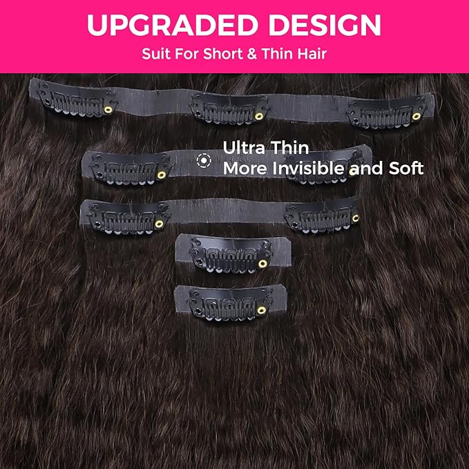 Lashey Seamless Clip in Hair Extensions Human Hair #2 Dark Brown Kinky Straight 7pcs 110g 16 Inch PU Weft Human Hair Clip in Extensions for Women