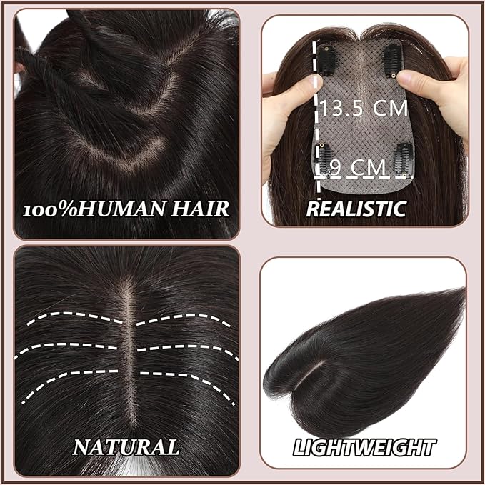 Hair Toppers for Women Real Human Hair, 360° 3D Human with Thinning Upgrade Middle Part Clip in Bangs Topper Hair Pieces for Women Daily(Black, 18 Inch-3D-Side)