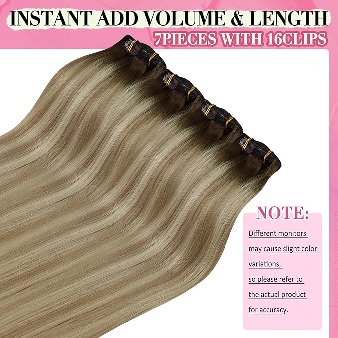 YoungSee Clip in Human Hair Extensions Balayage Walnut Brown Ombre Light Brown with Blonde Clip in Hair Extensions Balayage Human Hair Clip in Extensions Dyable Remy Hair 14Inch 7Pcs 120G