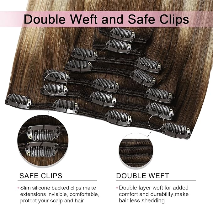 Pro2.0 Clip in Hair Extensions Real Human Hair 120g Thick 7pcs #3/8/22 Walnut Brown to Ash Brown and Golden Blonde Remy Real Human Hair Extensions Clip ins 14inch Double Weft（#3/8/22-14inch）