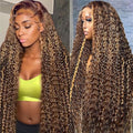 30 Inch Highlight Ombre Deep Wave Lace Front Wig Human Hair Honey Blonde 13x6 HD Lace Frontal Wigs 200 Density 4/27 Curly Wigs Human Hair for Women