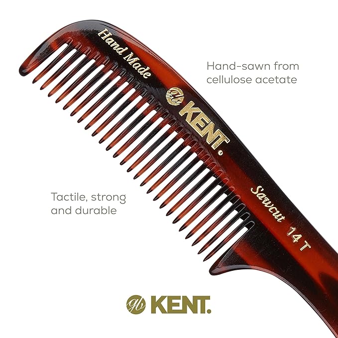 Kent 14T Tortoise Large Detangling Comb, Wide Teeth for Long Thick Curly Wavy Hair. Hair Detangler Comb For Wet and Dry. Saw-Cut from Cellulose and Hand Polished, Handmade in England