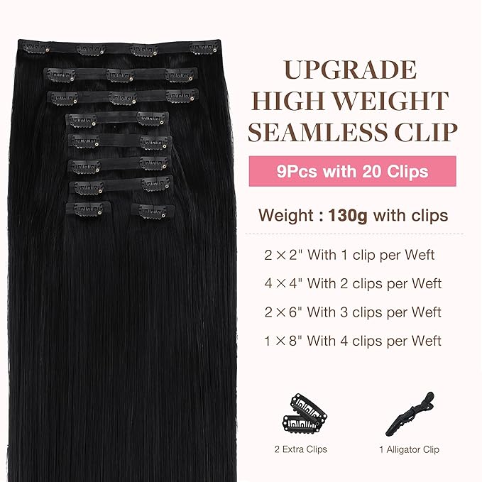 GOO GOO Clip in Hair Extensions Real Human Hair, Remy Human Hair Extensions Clip ins for Women, Natural Human Hair, 16inch 160g 9Pcs, #1 Jet Black
