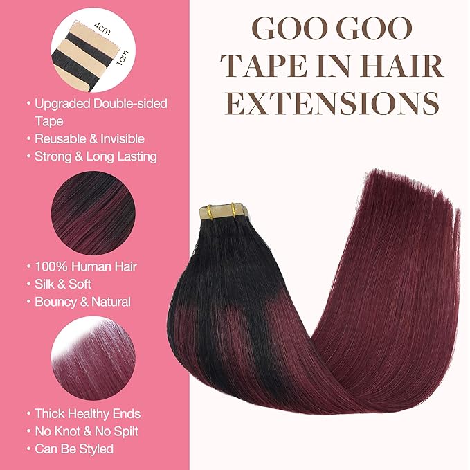 GOO GOO Tape in Hair Extensions Human Hair, 1/99 Balayage Jet Black to Red, 10inch 30g 20pcs, Skin Weft Seamless Invisible, Silky Straight with Thick Ends, Remy Human Hair