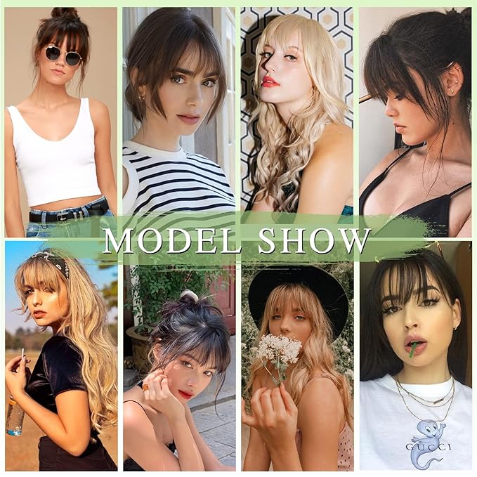 NAYOO Bangs Hair Clip -Medium Brown Fake Bangs 100% Real Human Hair Extensions Wispy Bangs for Women Fringe with Temples Hairpieces Curved Bangs for Daily Wear