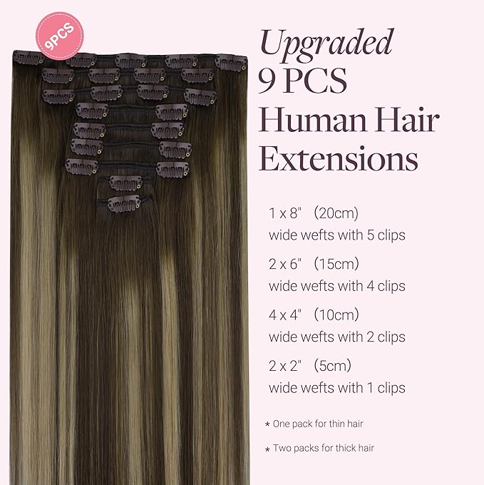 GOO GOO Clip in Hair Extensions Real Human Hair, Remy Human Hair Extensions Clip ins for Women, Natural Human Hair, 22inch 150g 9Pcs, 4/26/4 Balayage Chocolate Brown to Honey Blonde