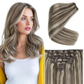Ve Sunny Clip in Hair Extensions Real Human Hair Highlights Clip in Extensions Light Brown Mix Platinum Blonde Clip on Hair Extensions for Women Straight Hair 7pcs 20inch 120g