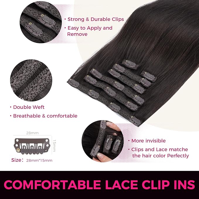 Lashey Straight Clip in Hair Extensions for Women, 20 Inch 7pcs 120g Dark Brown Remy Human Hair Extensions Thick Hair with Lace Weft Clip Ins