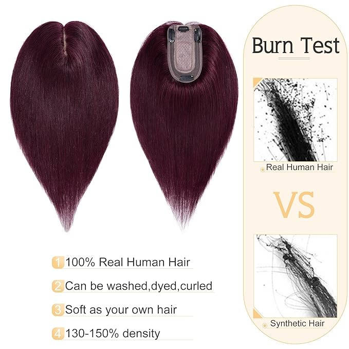 SEGO Human Hair Toppers for Women With Thinning Hair, 7 * 13CM Silk Base 100% Real Human Hair Clip in Top Wiglet Hairpieces /12 Inch No Bangs Wine red