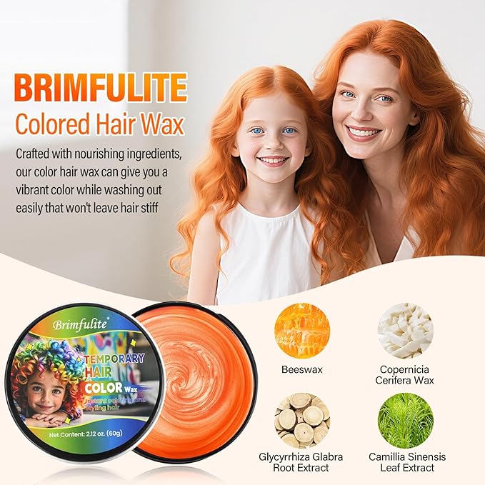 Orange Hair Wax, Temporary Hair Color Wax, Nourishing & Washable Hair Color for Kids, Women and Men 2.12 Oz.