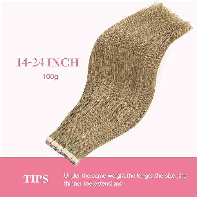 GOO GOO Tape in Hair Extensions Human Hair, 7 Bronde, 22inch 100g 40pcs, Skin Weft Seamless Invisible, Silky Straight with Thick Ends, Remy Human Hair