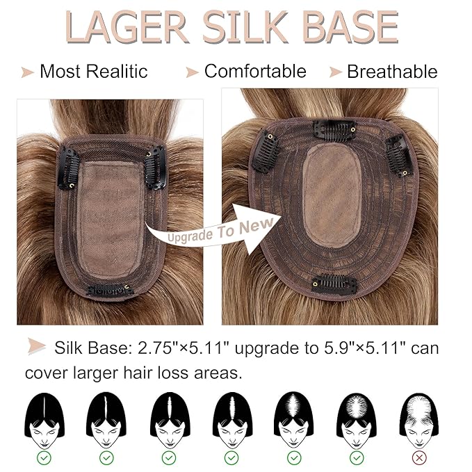 Hair Toppers for Women Real Human Hair With Bangs, 13 * 15 cm Larger Silk Base 150% Density Clip In Topper Hairpieces, Wiglet Top Pieces Add Volume -10 Inch 4P27 Medium Brown&Dark Blonde