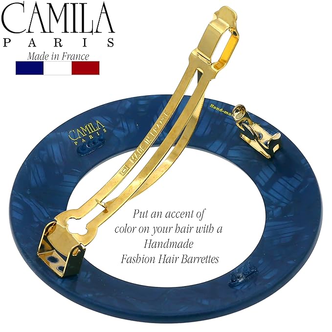 Camila Paris CP3257 French Hair Barrette Clip for Girls, Round Handmade Blue, Strong Hold Grip Hair Clips for Women, No Slip and Durable Styling Girls Hair Accessories, Made in France