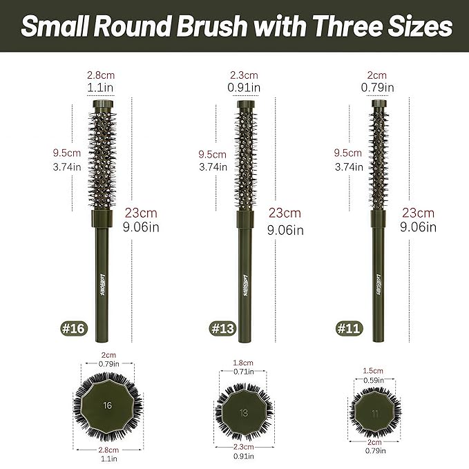 3pcs Small Round Hair Brush for Short Hair - Barrel Hair Brush for Blow Drying, Aluminum Round Brush for Bobs, Bangs, Lobs, Roots, Curling, Pixie Cuts, Straight Hair - Green