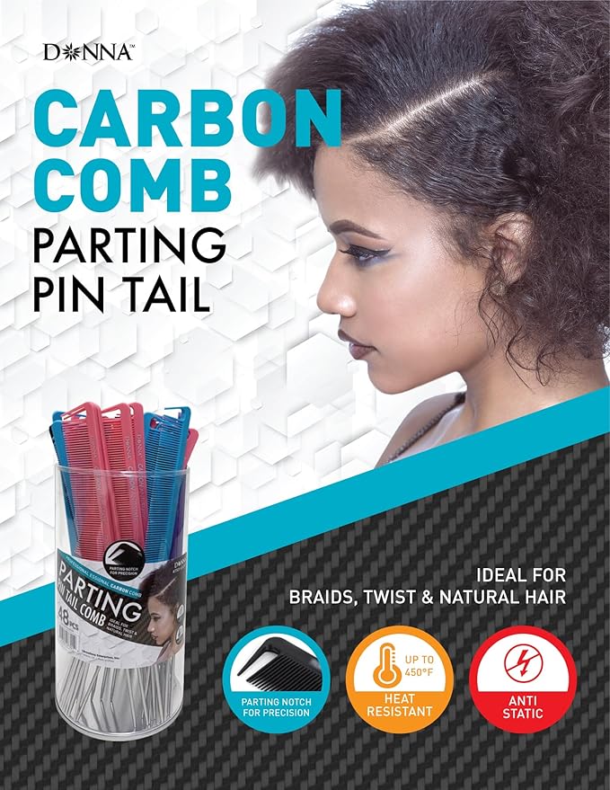 Donna Professional Essential Carbon Parting Pin Tail Comb – Heat Resistant & Anti-Static Combs with Metal Pin Tail for Braids, Twists & Natural Hair Sectioning (ASSORT)