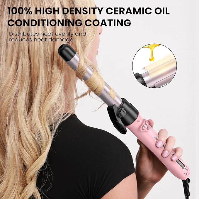 Rotating Curling Iron 3 in 1 Set, Automatic Curling Wand with 3 Interchangeable Ceramic Barrels(0.75" - 1.25"), Instant Heating Hair Culer with 5 Adjustable Temp, Include Heat Resistant Glove & Clips