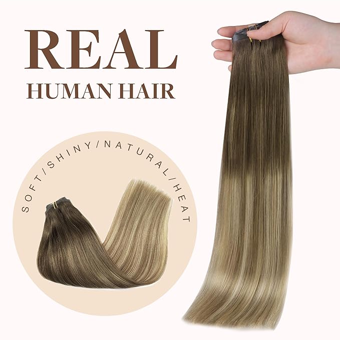 GOO GOO Clip in Hair Extensions Real Human Hair, Remy Human Hair Extensions Clip ins for Women, Natural Human Hair, 22inch 150g 7Pcs, 3/8/613 Balayage Walnut Brown to Ash Brown and Bleach Blonde