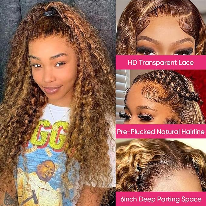 Highlight Deep Wave Wig 13x6 Ombre Lace Front Wig Human Hair Honey Blonde HD Lace Front Wigs Human Hair Pre Plucked 200% Density 4/27 Colored Curly Frontal Wigs for Women 24 Inch