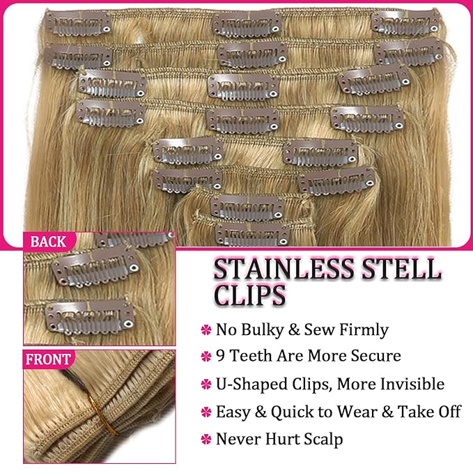 Kinky Straight Human Hair Clip in Extensions Blonde Double Weft 8pcs 125g Straight Hair Extensions 24inch Clip in Hair Extensions for Women Real Human Hair