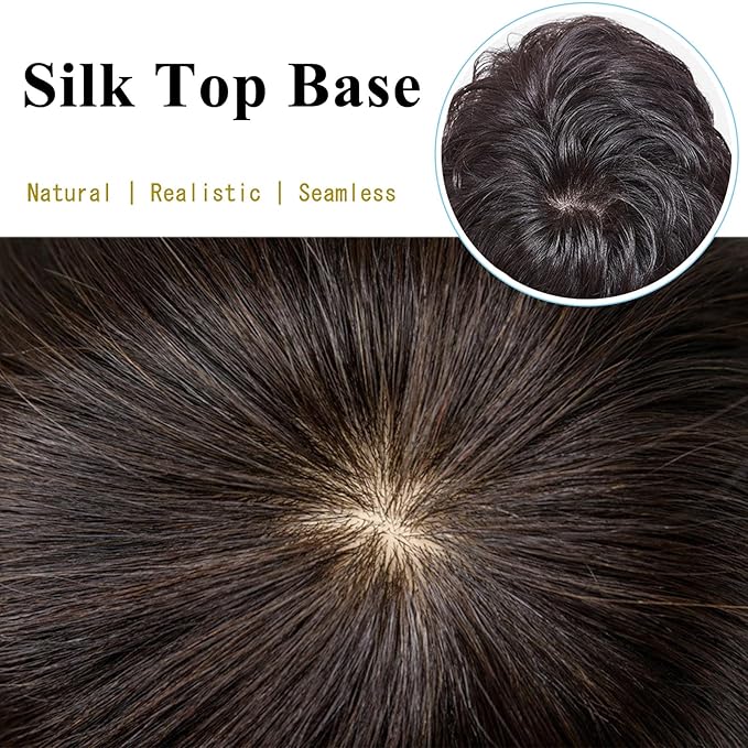 Short Human Hair Topper for Women with Hairloss,Invisible Clip in Straight Topper Hairpiece with Large Mesh 6.3x7 Ins and Silk Top Base Natural Fluffy Wiglet Hairpiece Dark Brown