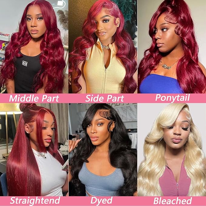 99J Burgundy Wig Human Hair 13x4 Body Wave Lace Front Wigs Human Hair 180 Density Pre Plucked Glueless Wine Red Colored Lace Front Wig for Women 24inch