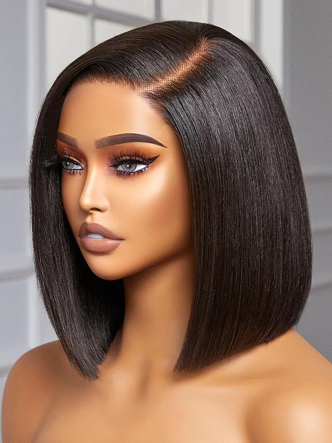 LUVME HAIR 10 Inch Light Yaki Straight Bob Wig Human Hair, Undetectable HD Lace Glueless Bob Wigs Human Hair Pre Plucked, Pre Cut Lace Wig Short Black Blunt Cut Bob Wigs