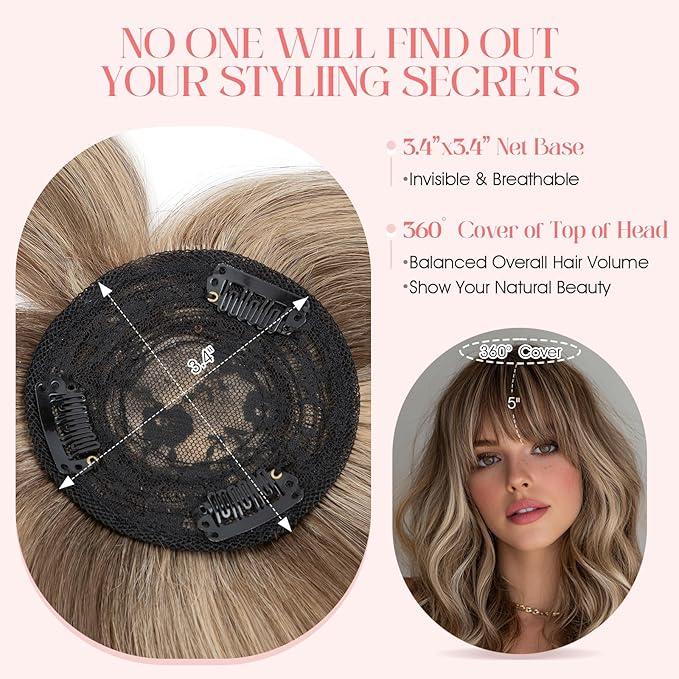 Hairro Mono Hair Toppers with Bangs, 3.4" x 3.4" Mono Base 100% Real Human Hairpieces for Women, 150% Density Clips In Topper for Greyish Thinning Hair, 10 Inch Medium Brown Mix Dark Blonde