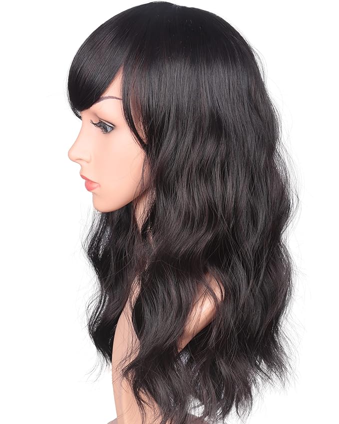 16 Inches Black Mix Brown Fashion Wavy Synthetic Hair Wigs For Black Women With Side Bangs Free Wig Cap (BLACK MIX BROWN(1B/33#))