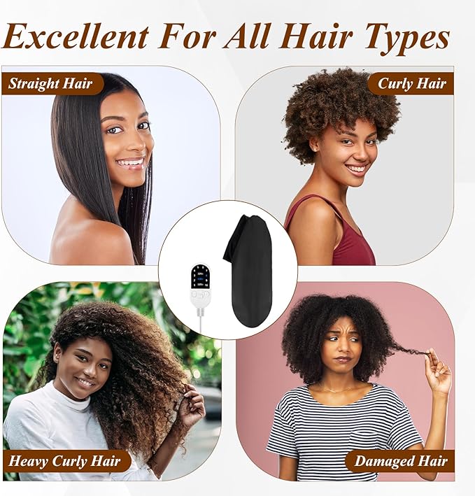 Heated Cap for Deep Conditioning: Upgraded Extra Large 10-Level Fast Heating 3 Time Settings Hair Steamer Cap for Natural Black Hair Portable Thermal Steam Cap for Home Hair Treatment - Deep Black