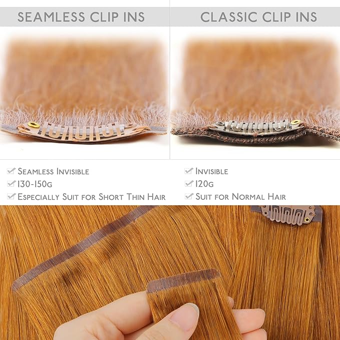 WENNALIFE Seamless Clip In Hair Extensions Human Hair, 22 Inch 150g 7pcs Auburn Ginger Real Hair Extensions Clip in Human Hair Invisible PU Skin Weft Natural Remy Human Hair Extensions