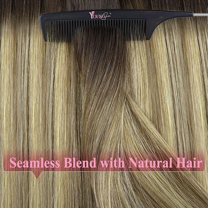 YoungSee Tape in Hair Extensions Real Human Hair Brown Balayage Tape in Hair Extensions Human Hair Dark Brown Ombre Blonde Tape-on Hair Extension Seamless Tapein Hair Extensions 50g 20pcs 18In
