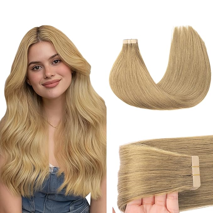 GOO GOO Tape in Hair Extensions Human Hair, 7 Bronde, 24inch 50g 20pcs, Skin Weft Seamless Invisible, Silky Straight with Thick Ends, Remy Human Hair