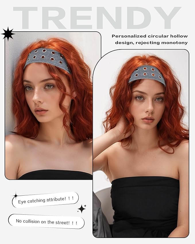 Grommet Headband for Women, Light Grey 23cm Hollow Out Elastic Hair Band, Eyelets Punk Grunge Stylish Hairband