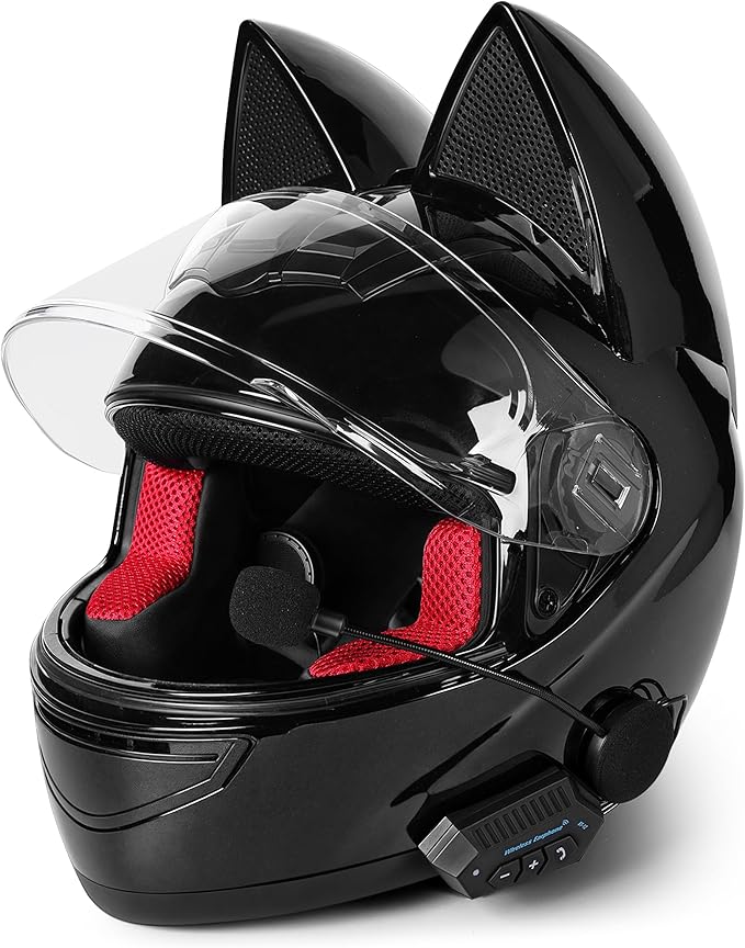 Custom Kitty Cat Ear Automotive Motorcycle Biker Helmet with Bluetooth | for Moped | Bike | Vespa | Scooter | ATV | Quad | Dirtbike | DOT FMVSS218 Approved and Certified