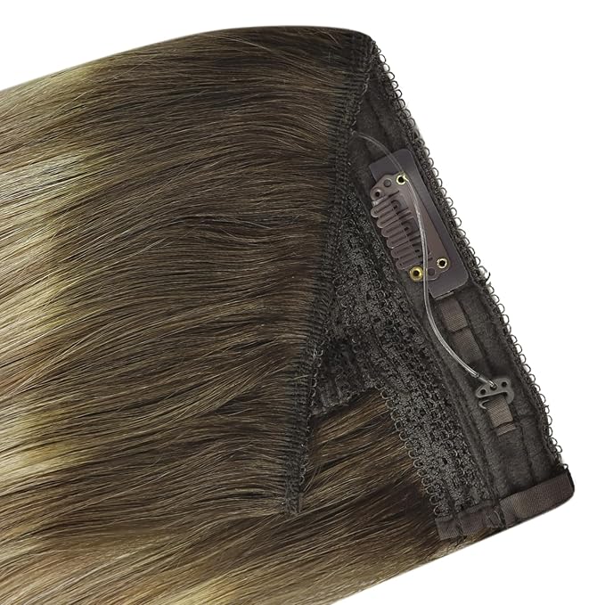 YoungSee Wire Human Hair Extensions Brown Blonde Invisible Wire Hair Extensions Real Human Hair Walnut Brown Ombre Blonde Highlight Remy Human Hair Fish Line Extensions 14Inch 80G