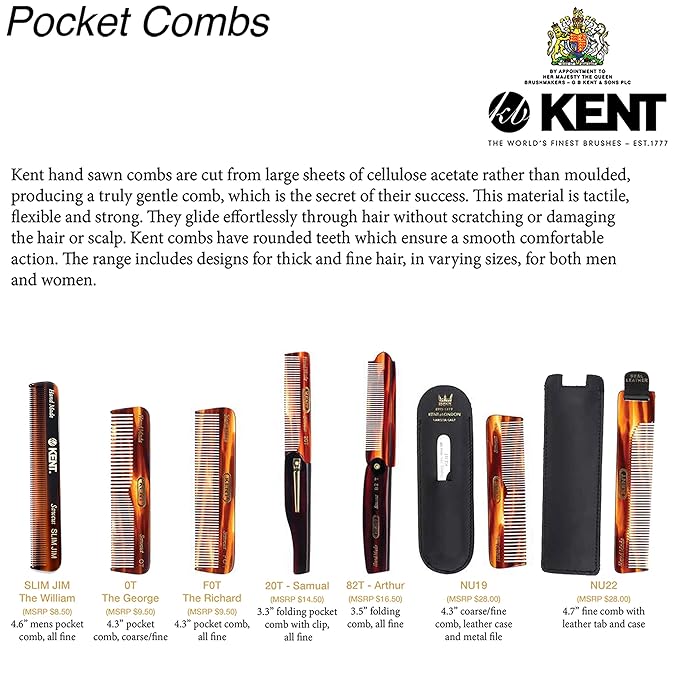 Kent A FOT Handmade Tortoiseshell All Fine Tooth Pocket Comb for Men, Hair Comb Straightener for Everyday Grooming Styling Hair, Mustache Beard, Saw Cut and Hand Polished, Made in England