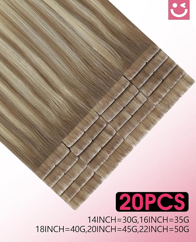 Youngsmile Injection Tape in Hair Extensions Human Hair #8T60 Ash Brown to Platinum Blonde 20pcs 40g 18 Inch Balayage Injected Seamless Tape in Hair Extensions Straight Remy Human Hair (#8T60,18'')