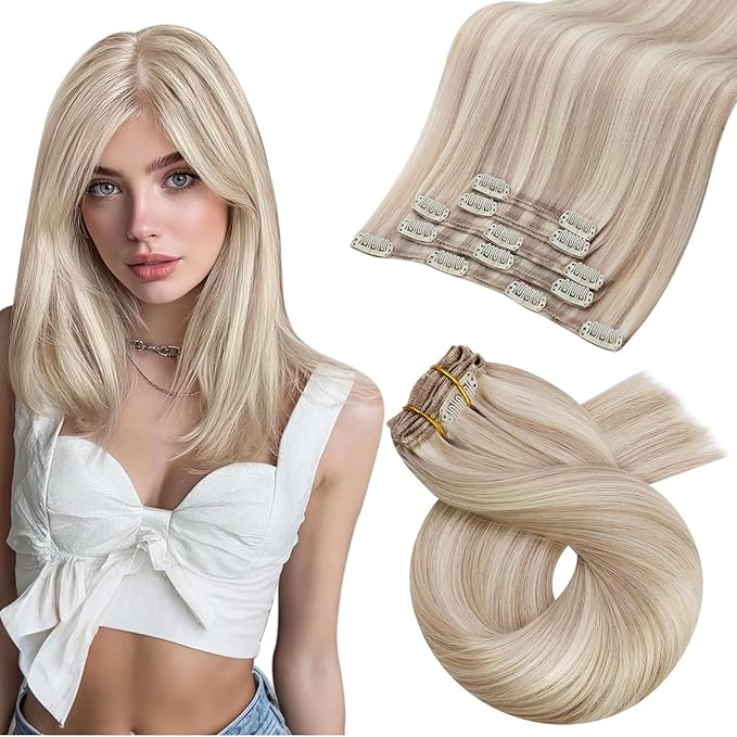 Moresoo Clip in Hair Extensions Remy Double Weft Human Hair Clip in Extensions Straight Hair Extensions for Women Ash Blonde Highlight with Blonde 5pcs 80g 10inch