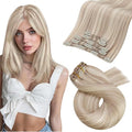 Moresoo Clip in Hair Extensions Remy Double Weft Human Hair Clip in Extensions Straight Hair Extensions for Women Ash Blonde Highlight with Blonde 5pcs 80g 10inch